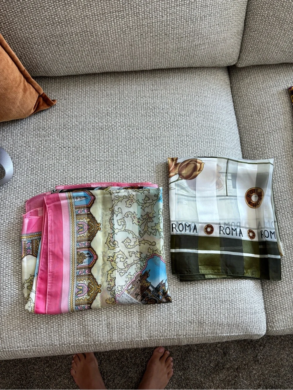 Set of (5) silky scarves purchased in various countries Italy Argentina France